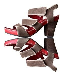 Esska Women Taupe Suede Red Leather Block Heel‎ Sandals Size 38 Hook Loop Straps